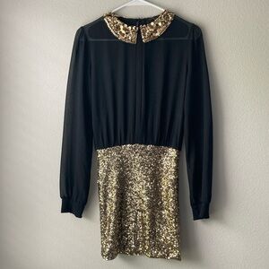 RICKETY RACK #141 Black + Gold Long Sleeve Sequin Collar Skirt Dress SMALL